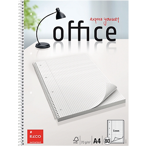 Spiral notepad with checkered sheets, black lamp, text "office".