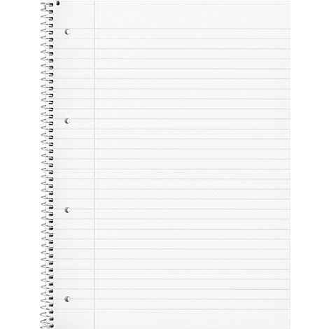 Close-up of a lined notepad with spiral binding and perforation. The blank pages are white.