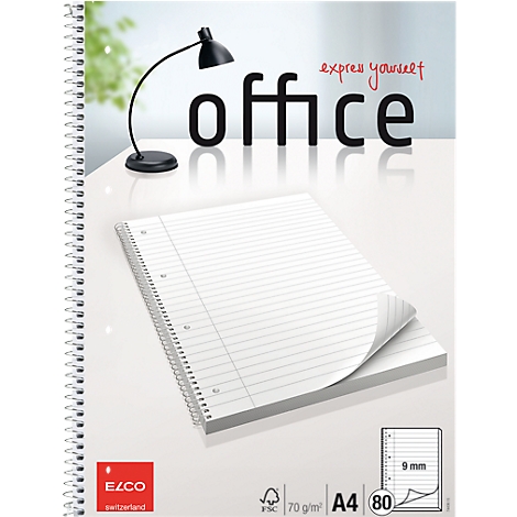 Spiral notebook with lined pages next to a black desk lamp. In the background, the word Office.
