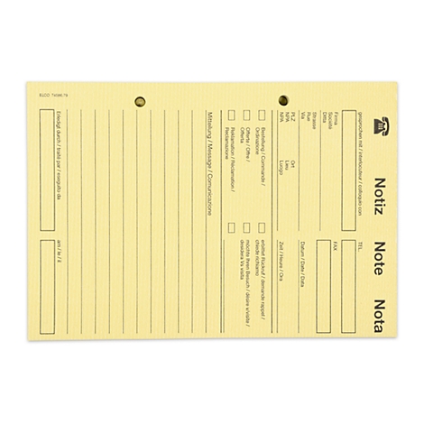 Yellow notepad sheet with lines, checkboxes and text. Top: Notiz, Note, Nota.