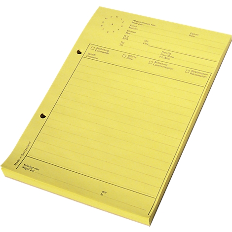 Yellow notepad with lines and holes, text fields. Inscription: "Made in Switzerland".