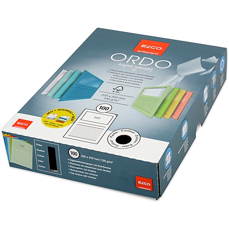 Top view of a box containing colorful folders. Printed information including the 'ORDO' logo.