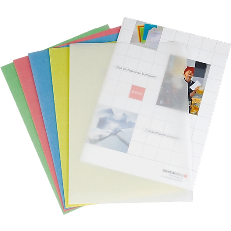 Multicolor sheets of paper next to a transparent cover with images and text.