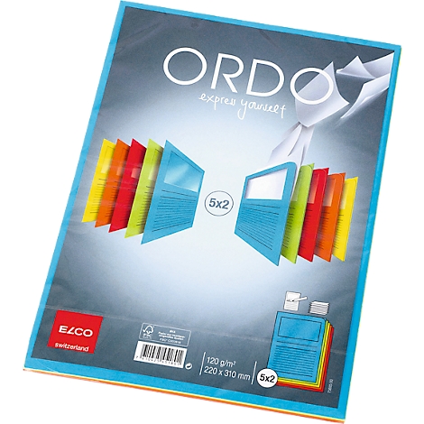 Blauer Ordner mit farbigen Trennblättern. Schriftzug: ORDO express yourself. ELCO Switzerland. Angaben zu Papierstärke und -grösse.