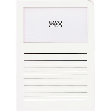 Weisses Notizbuch mit Rahmen und Linien. Im Rahmen steht "EZCO ORDO".