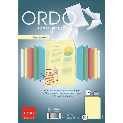 Produktabbildung einer Verpackung von transparenten Organisationsmappen mit Papier. Im Hintergrund ein farbiger Regenbogen.