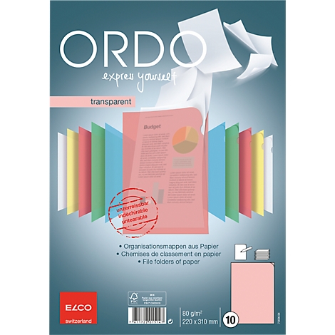 Product advertisement for folders. Transparent pink folder in front of colored folders, sheets of paper falling. Text: ORDO, transparent.