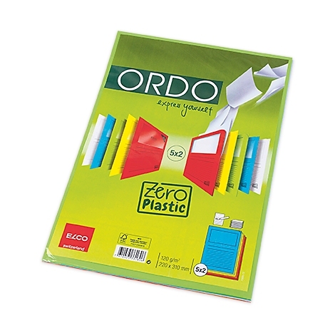 Dossier vert clair avec intérieur rouge et jaune, avec l'inscription "ORDO express yourself" et "Zero Plastic".
