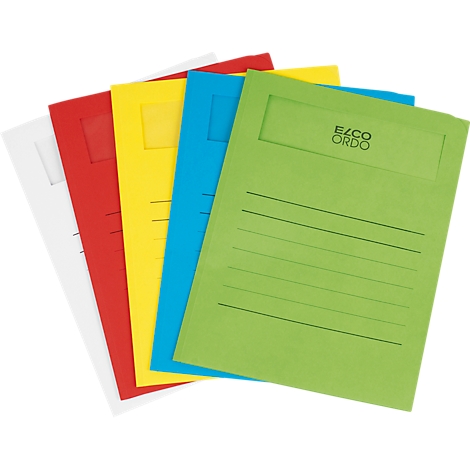 Five colored file folders: white, red, yellow, blue and green. The green folder is labeled.