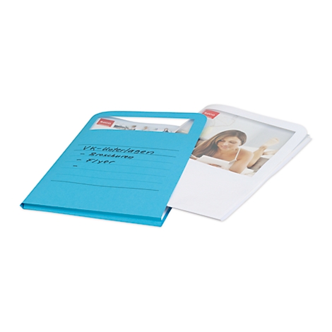 Blue folder with text, next to it a stack of paper with a photo of a woman.