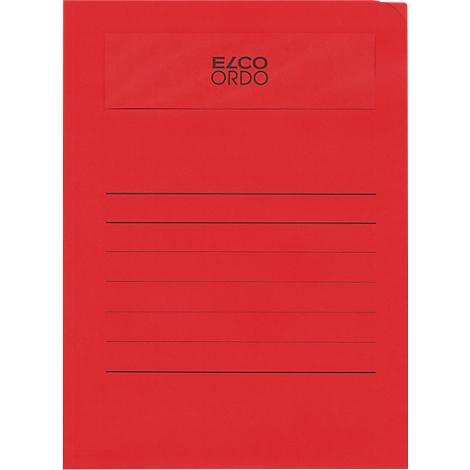 Rote ELCO ORDO Aktenmappe mit Linien für Beschriftung. Oben steht der Name der Marke.