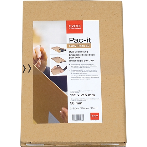 Brown DVD packaging with prints, product name Pac-it Easy-Pack 52, and manufacturer logo. Dimensions: 155 x 215 mm.