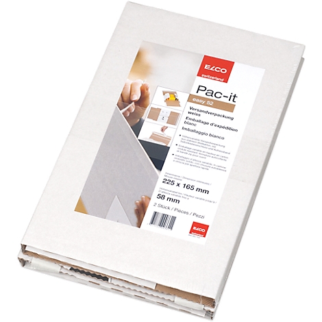 White shipping packaging with a label. It says "Pac-it easy 52" and dimensions.