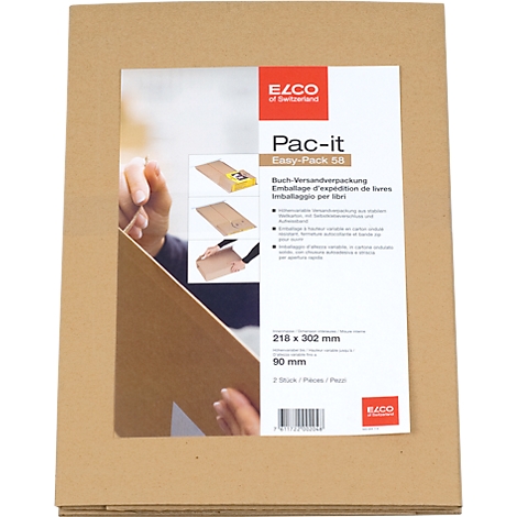 Eine braune Versandverpackung für Bücher mit dem Namen "Pac-it" und Logos.