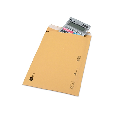 Ein brauner gepolsterter Umschlag mit einer grauen und bunten Taschenrechner.