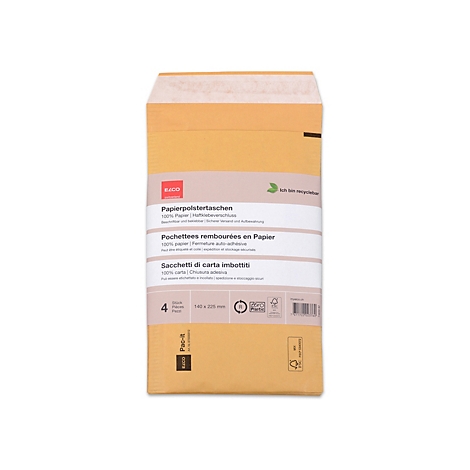 Brauner Luftpolstertaschen-Packung, bedruckt mit Produktinformationen in verschiedenen Sprachen.