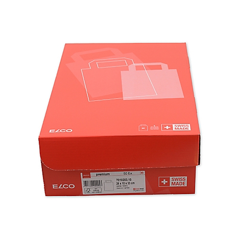 Rote Schachtel mit Einkaufstaschen-Design. Aufschrift: ELCO, Swiss Made und Produktdaten.