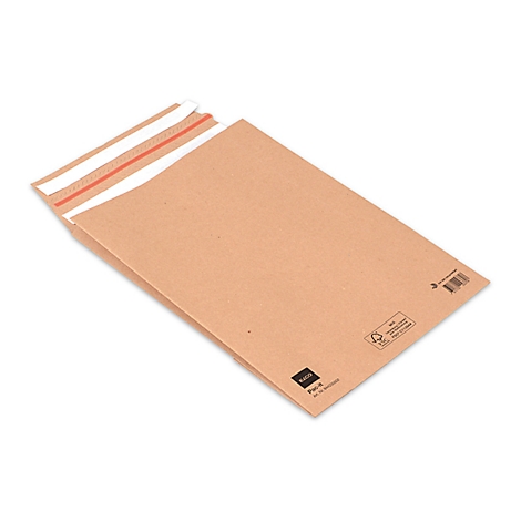 Enveloppe d'expédition beige avec ruban adhésif blanc et rouge. Logo en bas à gauche.