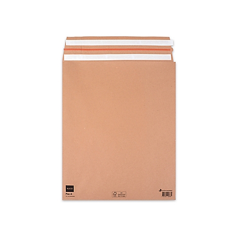 Enveloppe en papier brun, fermée en haut par des bandes adhésives blanches et orange.