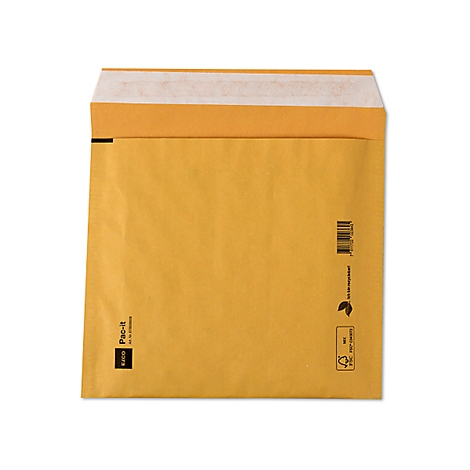 Enveloppe à bulles marron avec rabat ouvert, code-barres, logo.