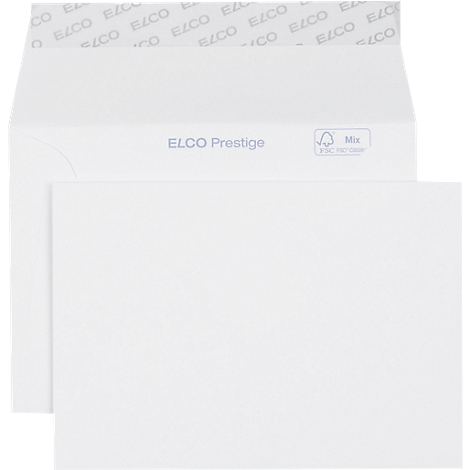 White ELCO Prestige envelope with a white sheet of paper. The envelope has the print "ELCO Prestige" and an FSC logo.