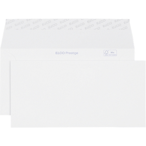 White ELCO Prestige envelope with slight shadow. Lettering and FSC logo visible.