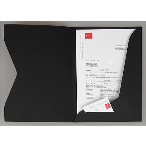 Black folder with paper and business card. The paper has text and a logo.
