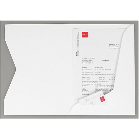 White envelope, a sheet of paper with text, and a card with a red logo.