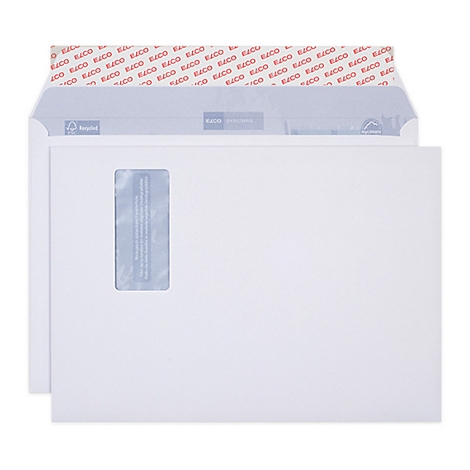 Deux enveloppes blanches, une partiellement ouverte. L'une a une fenêtre, l'autre est fermée. La bande adhésive indique "RICO" en lettres rouges.