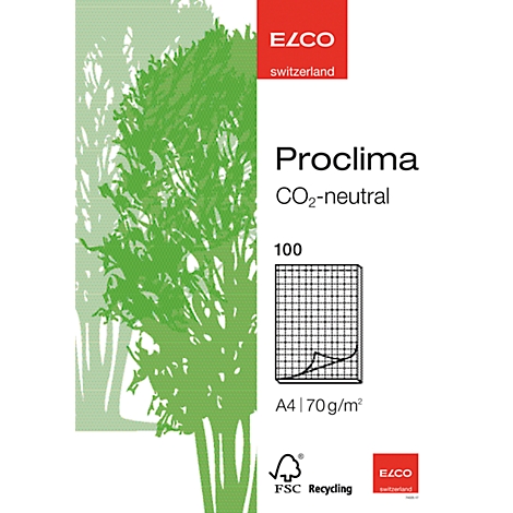 Weisses Papier Proclima mit Baum und Diagramm. Aufdruck: CO2-neutral, A4, FSC Recycling.