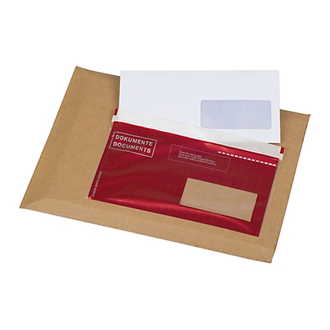 A brown envelope containing documents, a red and a white envelope.
