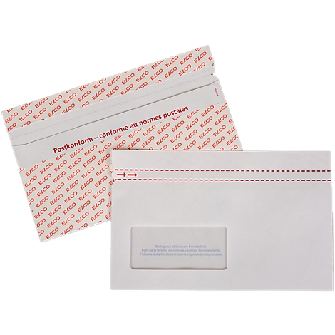 Zwei weisse Briefumschläge, einer teilweise geöffnet, mit roter Markierung und Text 'Postkonform'.