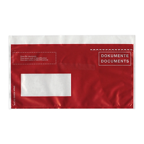 Roter Dokumenten-Umschlag mit Sichtfenster und weissem oberen Bereich, Text: Dokumente, Zone für Identifikation.
