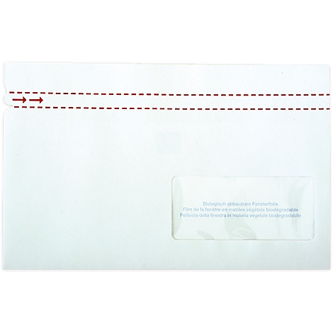 Enveloppe blanche avec ligne de perforation rouge et fenêtre transparente.