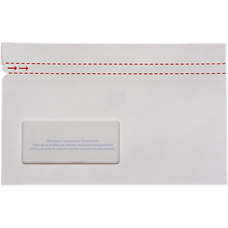 Gros plan d'une enveloppe blanche avec un marquage rouge pour l'ouverture. Une fenêtre affiche du texte.