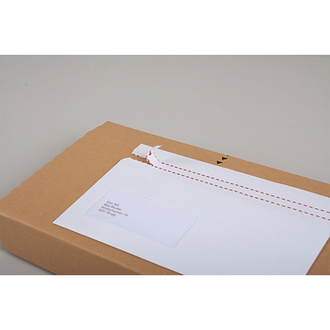 Une boîte en carton marron avec une enveloppe blanche. L'enveloppe a une perforation avec une couture rouge.