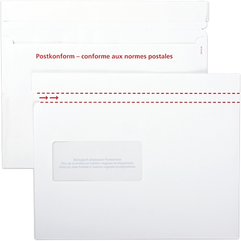 Deux enveloppes blanches; une ouverte, une avec une fenêtre. Texte rouge : Conforme aux normes postales. Pointillé pour ouvrir.