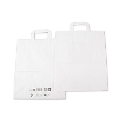 Deux sacs en papier blancs avec poignées, l'un devant l'autre.