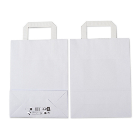 Deux sacs en papier blancs avec poignées. L'un montre le fond avec une impression.