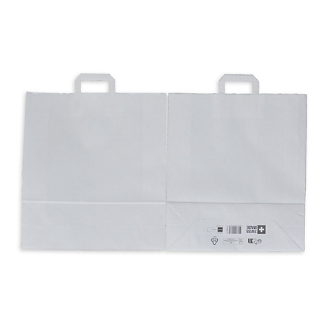 Deux sacs en papier blancs avec poignées. Un sac est légèrement plié et porte de petits symboles.