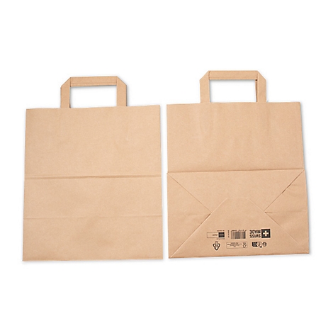 Deux sacs en papier marron avec poignées. L'un montre le devant, l'autre le dos avec des impressions.