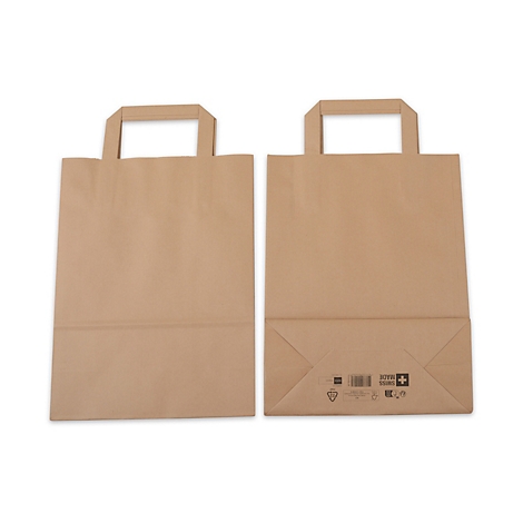 Deux sacs en papier marron, tous deux avec des poignées. Un côté montre le devant, l'autre le dos avec une impression.