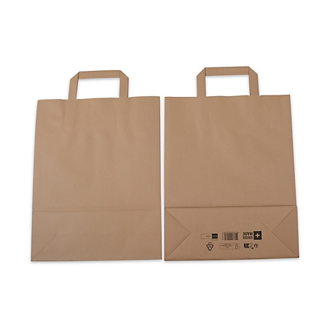 Deux sacs en papier marron avec des poignées côte à côte. L'un montre le devant, l'autre le bas avec l'impression.