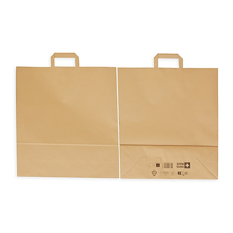 Deux sacs en papier marron avec des poignées sur fond blanc. L'un est légèrement froissé.