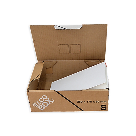 Geöffnete braune Pappschachtel mit weissem Inhalt, auf weissem Hintergrund. Aufdruck: ELCO BOX. Masse und das 'S'.