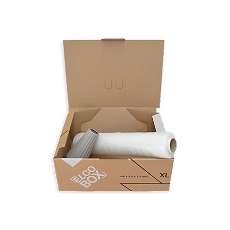 Geöffnete Kartonbox mit einem Papierroller und einem grauen Werkzeug. Rechts: Rolle Verpackungsmaterial. Braun und Weiss auf weissem Hintergrund.