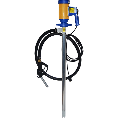 A barrel pump, yellow and blue housing, long metal rod, black hose, and a dispensing nozzle.