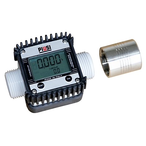 Digital flow meter with display, reading: 0.000. Next to it is a cylindrical fitting.