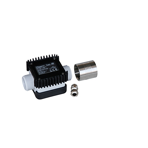Liquid flow meter with black fins, white connections, and separate metal parts.