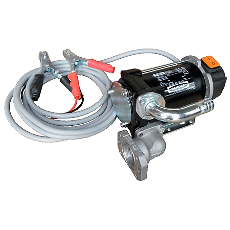 Black diesel pump with silver housing and orange button. Gray cable with alligator clips.